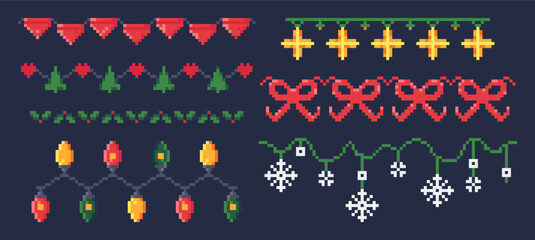 Pixel art Christmas garlands set. New Year 8 bit borders with bows, flags, lights, snowflakes, holly berries, hearts, stars and fir tree. Retro digital buntings for winter holiday. Vector illustration