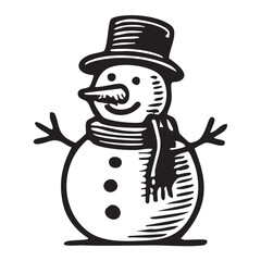 Hand Drawn Line Art Snowman with Scarf and Hat Illustration