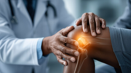 Doctor is helping a patient with a knee injury. The doctor is wearing a white coat and the patient is wearing a blue shirt. Scene is serious and focused on the patient's health