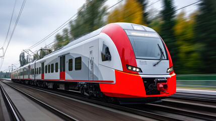 Fototapeta premium Train is moving down the tracks with a red stripe on the side. Fast passenger train in motion for commercial transit