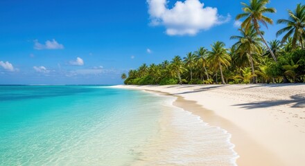 Tropical beach paradise with turquoise water and palm trees on white sand