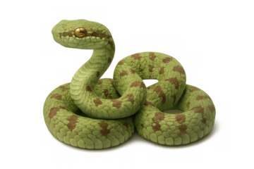 Green viper serpent with patterned skin, head up, coiled body, creating a striking animal concept on transparent background