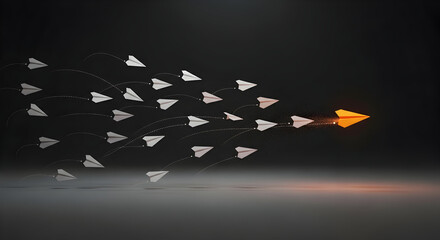 Leading the Pack: Orange Paper Airplane in Front of White Flock – Leadership & Momentum
