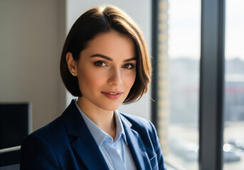 Fototapeta premium Portrait of laughing businesswoman sitting at desk in the office