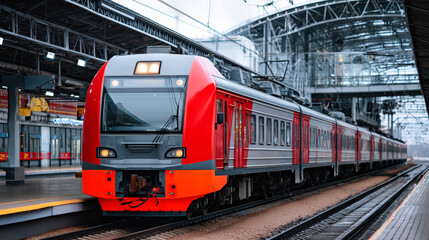 A red train stands on the tracks of a railway station. Passenger train at a railway station for commercial transportation.