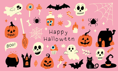 Halloween doodle set with pink background and spooky elements