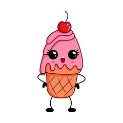 Happy pink ice cream kawaii character with cherry on top