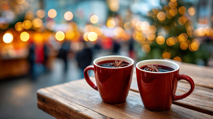 Two red mugs of mulled wine on wooden table with Christmas market on background