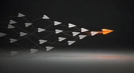 Leading the Pack: Orange Paper Airplane in Front of White Flock – Leadership & Momentum
