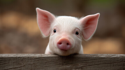 Cute Baby Piglet with Large Eyes and Fluffy Ears Leaning Over a Wooden Fence in a Farmyard Setting Surrounded by Nature and Soft Light