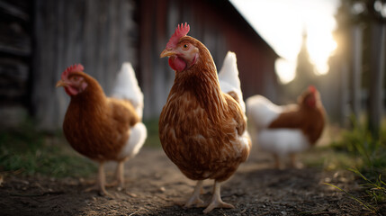 Brown chickens roaming freely on a dirt path in a rustic farm setting during golden hour with soft sunlight illuminating the scene