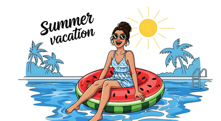 Cheerful Woman Relaxing on Watermelon Pool Float with Summer Vacation Text
