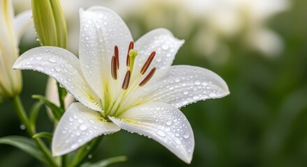 Fototapeta premium White lily bloom glistening with dewdrops, against soft focus green background