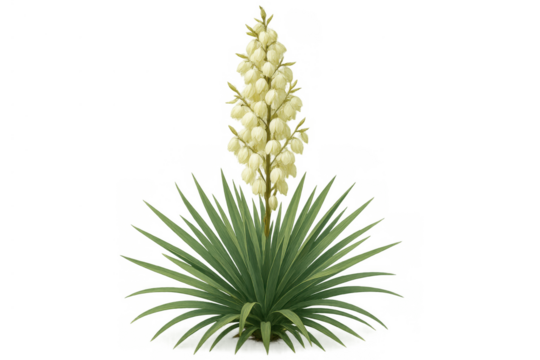 Yucca plant with tall flowering stem and creamy white bell flowers, growing green succulent leaves