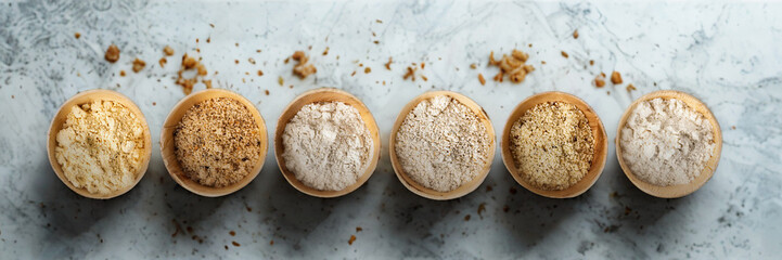 Six assorted artisan bread rolls arranged in a row