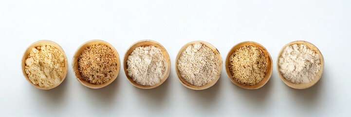 Six oval shaped seashells arranged in a row on a white background