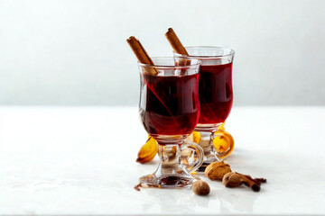 Warm spiced red wine drinks with cinnamon sticks and orange slices