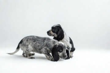 Two adorable cocker spaniel puppies play together on a white background