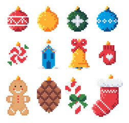 Set of Pixel Art Christmas Ornaments Icons.