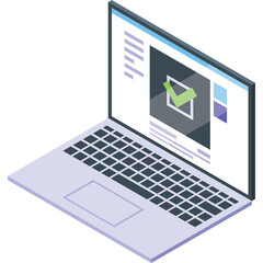 Isometric illustration of an open laptop displaying a digital interface with a green checkmark confirmation icon on screen against a clean white background with no visible defects or logos.