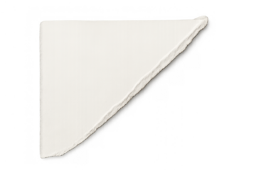 White torn paper piece forming a triangle shape with a ripped edge, blank scrap texture on transparent background