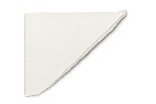 White torn paper piece forming a triangle shape with a ripped edge, blank scrap texture on transparent background