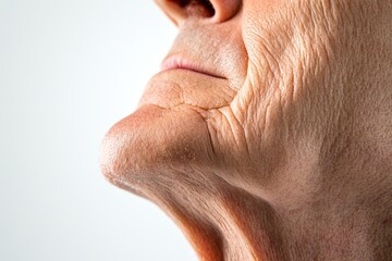 Fototapeta premium Close-up view of deep wrinkles on a person's neck and chin.