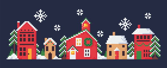 Christmas Pixel Art Banner with Snowy Winter Town.