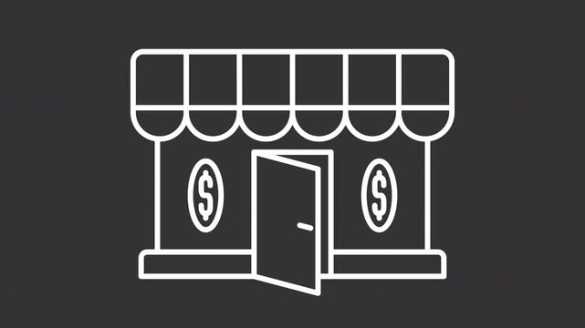 Animated pawnshop storefront white line icon. Store with coins in windows animation. Lends money in exchange for valuable thing. Isolated element on dark background. Alpha transparent video