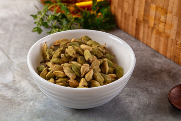 Green dry cardamom heap spices aroma