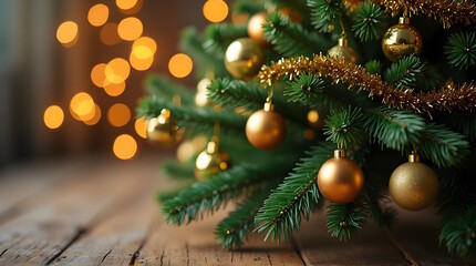 A warm, close-up shot of pine branches decorated with gold baubles and tinsel, resting on a rustic wooden surface, against a background of large, soft orange bokeh lights.