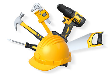 Safety helmet, hammer, pipe wrench, and power drill isolated on white background. Concept of construction tools and safety
