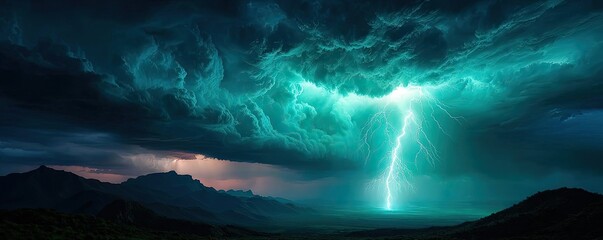 Toxic gas cloud with electric discharges lightning concept. Dramatic storm clouds with a bright lightning strike illuminating the sky.