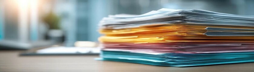 Detailed view of neatly stacked official papers concept. A close-up view of colorful stacked documents on a desk.