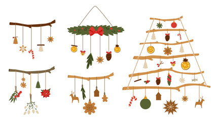 Sustainable new year hanging decor. Christmas tree made of eco wood branch, ribbon with rustic toys, pine cone, dry orange on rope. Winter holiday ornaments with plants and herbs. Vector illustration.