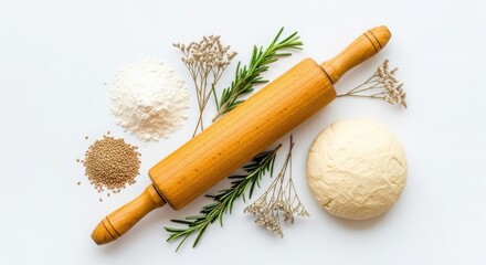 Rustic wooden rolling pin with fresh herbs and dough ready for baking