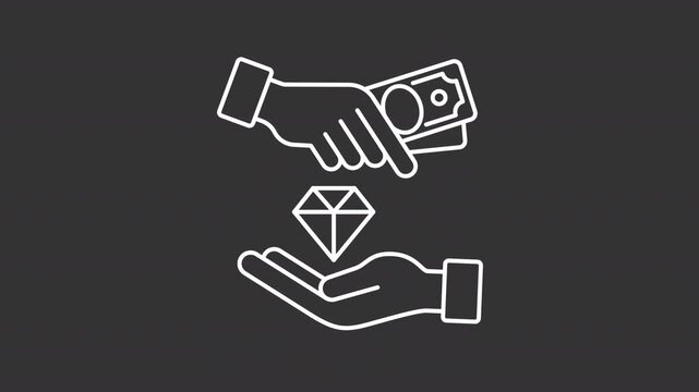 Animated pawnshop loan white line icon. Exchanging gem for money animation. Selling gemstone crystal. Financial activity. Repaiment. Isolated element on dark background. Alpha transparent video