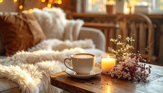 コーヒーのリラックスタイム　キャンドルとドライフラワー