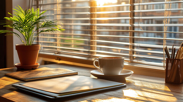 A minimal office setup bathed in warm ambient light, featuring a cup of coffee on a clean desk. Symbolizes focus, comfort, and productivity in a calm and modern workspace atmosphere.