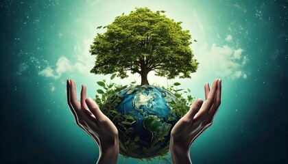 Illustration of hands reaching up from a globe, forming the base of a tree with green leaves
