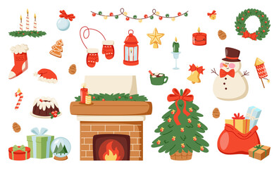 Retro Christmas winter holiday elements. New Year vintage set with hand drawn fireplace, tree, snowman, sack with gift box, wreath, candle, stocking, mittens, lantern and sweets. Vector illustration.