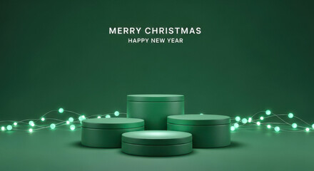 Merry christmas product display podium with light on green background