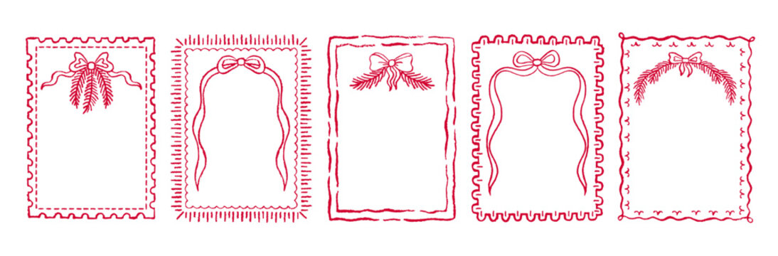 Whimsical Сhristmas menu frame. Bow ribbon border for Christmas menu. Whimsical Xmas doodle vintage vector. Hand drawn french party card. Cute drawing of bow ribbon, Xmas tree. Sketch retro holiday bg