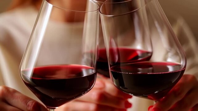 Three glasses of red wine clinking together, celebrating a moment