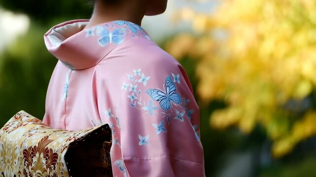 Woman in pink kimono with butterfly pattern, autumn foliage background