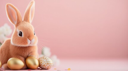 Soft bunny with golden eggs on pink background for festive decoration