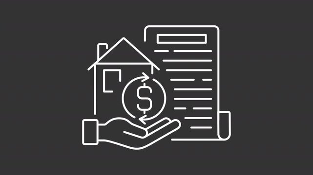 Animated home loan collateral white line icon. Real estate selling animation. Security for loan repayment. Valuable property costs. Isolated element on dark background. Alpha transparent video