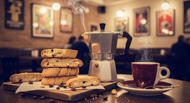 Cozy coffee shop scene with biscotti and moka pot