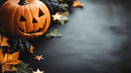 Halloween pumpkin with autumn leaves and decorations on dark background