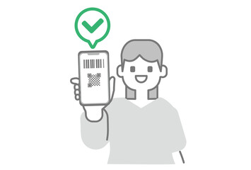 スマホにバーコード、QRコード決済を表示する女性とチェックマーク